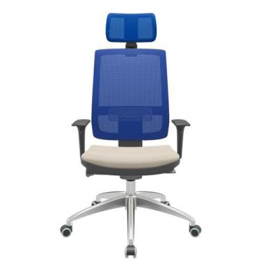Imagem de Cadeira Office Brizza Tela Azul Com Encosto Assento Vinil Bege Autocom