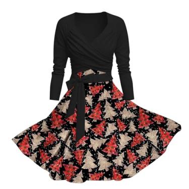 Imagem de UIFLQXX Vestido feminino de Natal estampado cor sólida gola V manga longa cardigã vestido de duas peças casual camisa, Vermelho, P