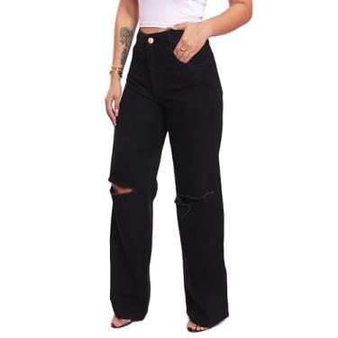 Imagem de Calça larga cintura alto feminina jeans preta joelho rasgada sem lycra Ref: 2016 (1, 42)