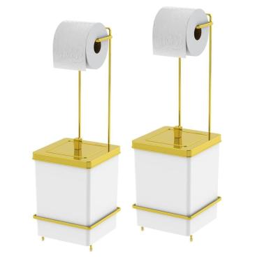 Imagem de Kit 2 Suporte Porta Papel Higiênico Com Lixeira Quadrada 6,5L Banheiro Branco Dourado - 1632BCD Future