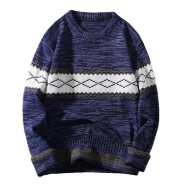 Imagem de KANG POWER Suéter masculino outono inverno estilo étnico gola redonda malha quente casual solto suéter pulôver de malha, My02-azul, X-Large