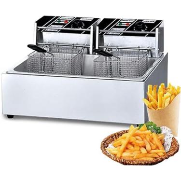 Imagem de Fritadeira elétrica, fritadeira de aço inoxidável com cesta e tampa destacáveis, fritadeira comercial de tanque duplo, temperatura ajustável, para cozinha de bancada, restaurante e uso doméstico small