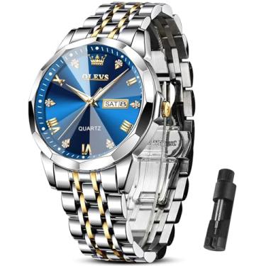 Imagem de OLEVS Relógio masculino de luxo (prata/ouro/azul/preto) (diamante/numerais romanos/algarismos arábicos) relógio de aço inoxidável data à prova d'água vestido casual reloj, Pulseira de dois tons, face