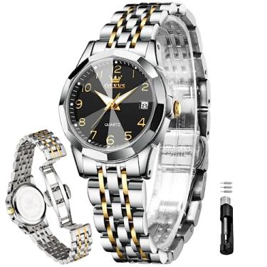 Imagem de OLEVS Relógio feminino analógico, dourado, prata, quartzo, pequeno, aço inoxidável, formal, à prova d'água, luminoso, data, relógio feminino, Prateado, preto, Movimento de quartzo