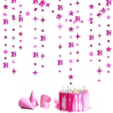 Imagem de Decorações de aniversário de 18 anos rosa choque, número 18, círculo, guirlanda cintilante, faixa metálica, pano de fundo para meninas, feliz aniversário de 18 anos, para adultos e festas de