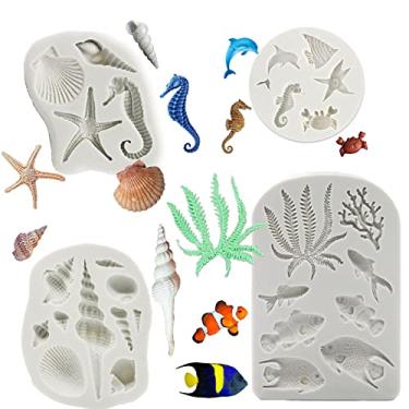 Imagem de MEMOVAN Molde de silicone para fondant com tema marinho, 4 peças, molde de bolo sob o mar, hipocampo, algas marinhas, peixe, caranguejo, coral, concha, concha do mar, molde de silicone para chocolate