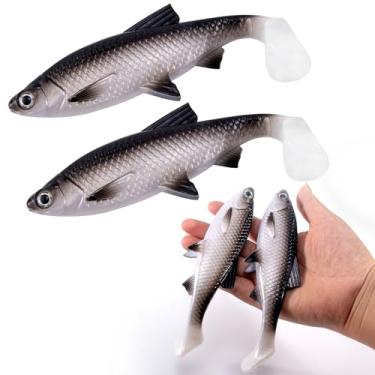 Imagem de Alwonder Pacote com 2 iscas de plástico macio, iscas de natação de cauda de remo de 16 cm com olhos 3D, isca macia de cauda de remo para pesca de grande porte alabote salmão lúcio tarpon bagre truta