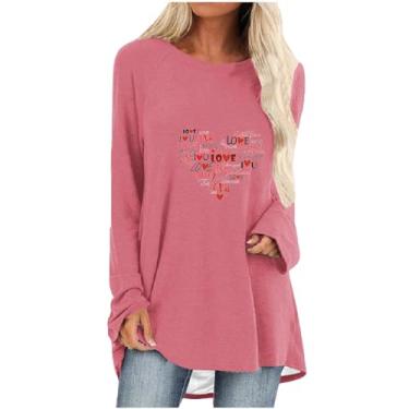 Imagem de Homisy Camiseta feminina com estampa de coração com estampa de coração e manga longa leve e confortável, Vermelho melancia, 3G