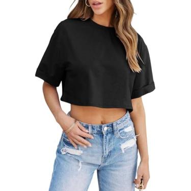 Imagem de Tankaneo Camisetas femininas cropped meia manga ombro caído tops cropped Y2K camisetas básicas casuais de verão, Preto, G