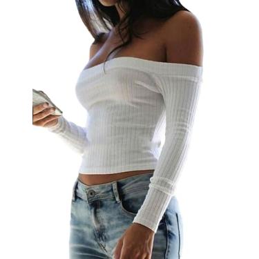 Imagem de SHENHE Camiseta feminina de manga comprida com ombros de fora camiseta de malha canelada casual branca pequena