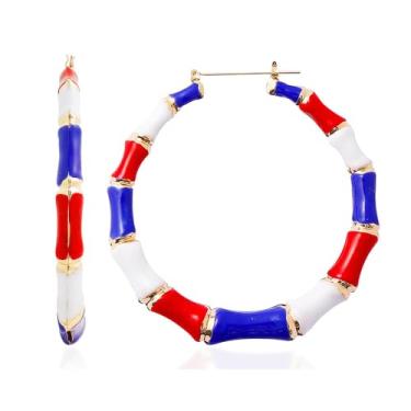 Imagem de Brincos grandes de argola de bambu, vermelho, azul, branco, bandeira dos EUA, anos 80, 90d, joia de orelha de bambu grande para o Dia da Independência, acessórios patrióticos, Zinco, Sem pedra