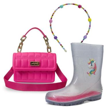 Imagem de Kit Bolsa Tiara E Bota Galocha Chuva Unicórnio Infantil K08 (Glitter Prata, BR, Criança de 4 a 8 anos, Faixa Numérico, 25, 26)