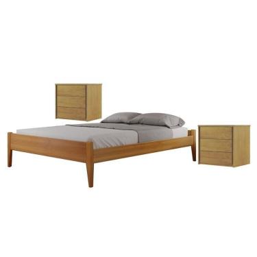 Imagem de Conjunto Quarto de Casal Cama Queen Madeira Maciça e 2 Mesas de Cabeceira 3 Gavetas Uni...