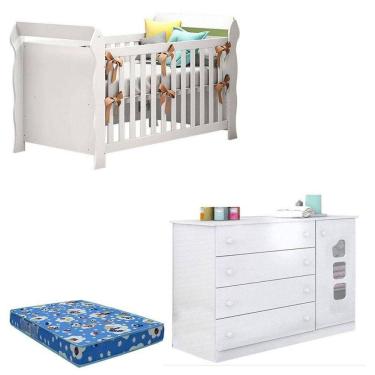Imagem de Berço Americano Lara E Cômoda Infantil Lívia Branco Brilho Com Colchão - Phoenix
