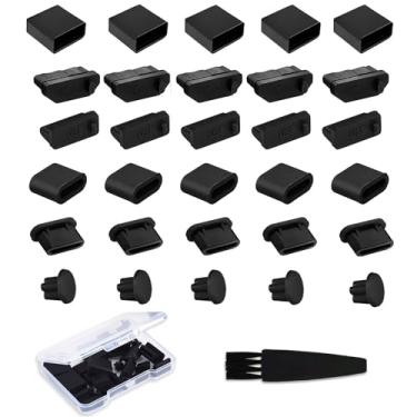 Imagem de Tampas de plugue de porta de tampa USB - 30 peças, 6 tipos de silicone antipoeira, tampas de proteção de porta de laptop para USB Tipo-C, porta de fone de ouvido, HDMI, plugues USB tipo A com kit de