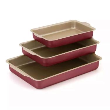 Imagem de Conjunto de Assadeiras Cereja Antiaderente Bege Retangular Alta com Aba Nº 1 a 3 (Bolos e Alimentos Não Grudam)