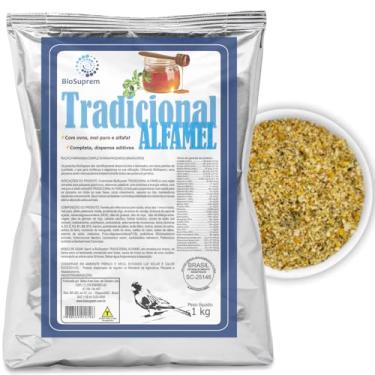 Imagem de Farinhada Biosuprem Tradicional Alfamel - 1kg Completa Super Premium para Pássaros Granívoros Canário Curió Coleiro Pintassilgo Bicudo Azulão Com Ovos Alfafa e Mel Puro