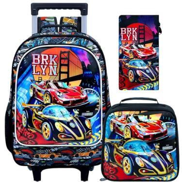 Imagem de Mochila com rodinhas de 3 peças para meninas e meninos, mochila infantil com rodas de unicórnio e dinossauro, Nova mochila com rodinhas de carro para meninos com impressão UV, One Size, Nova mochila