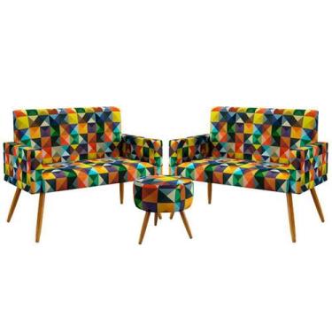 Imagem de Kit 2 Poltronas Namoradeira Estofadas Vega e Puff Solar Sued Estampado