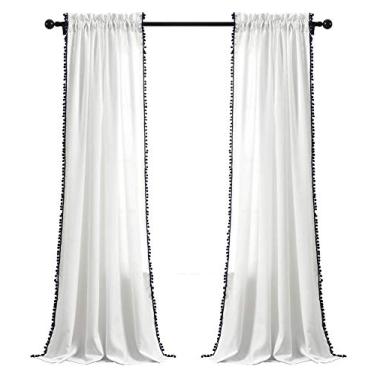 Imagem de Lush Decor, Cortina de pompom azul-marinho | Painel de janela texturizado, cor lisa estilo chique para sala de estar, sala de jantar, quarto (único), 241 cm x 50 brancos, 241 cm x 127 cm