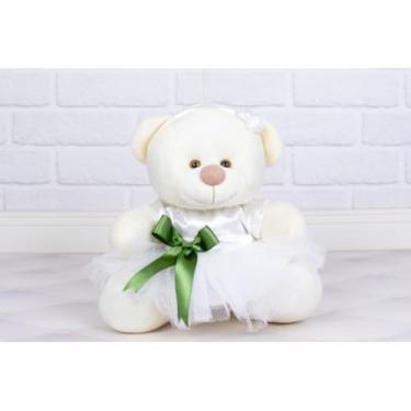 Imagem de PELUCIA URSO TEDDE 15 CM - DAMINHA CETIM BRANCO (PELUCIA PALHA - DETALHE -VERDE)