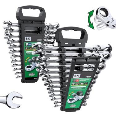 Imagem de SK Conjunto de chaves de catraca de cabeça flexível, conjunto de chaves combinadas, 25 peças, SAE 1/10.2 cm a 2.5 cm, métrica 8 a 19 mm, 72 dentes, estrutura CR-V premium, com organizador de rack