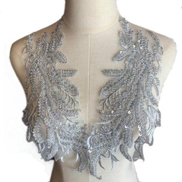 Imagem de Heyiwell 1 par de apliques bordados de renda com lantejoulas cinzas para costurar em roupas, vestidos de casamento, bailarinos, decoração de 33 x 13 cm