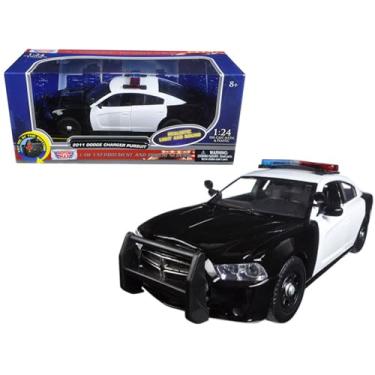 Imagem de 2011 Dodge Charger Pursuit Carro de Polícia em Preto e Branco com Luz de Piscamento do Bar, Luzes dianteiras e Traseiras e 2 Sons 1/24 Diecast Modelo de Carro por Motormax