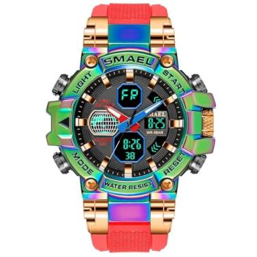 Imagem de SMAEL Relógios esportivos masculinos modernos e coloridos, à prova d'água, relógio de pulso, relógio de pulso masculino com visor duplo eletrônico militar, Vermelho colorido, Digital