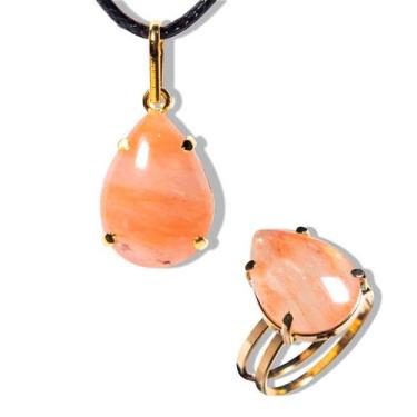 Imagem de Conjunto Anel e Pingente Gota Pedra Quartzo Cherry Dourado - Cristaisd