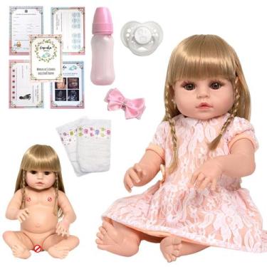 Imagem de Bebe Reborn Loira Baby Vestido Salmão + Chupeta 13 Itens - Cegonha Reb