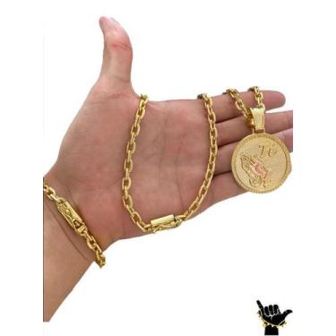 Imagem de Corrente Cadeado 6mm + Pulseira + Pingente - Banhado a Ouro - ToJoia18