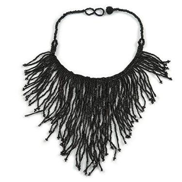 Imagem de Avalaya Colar com franja/estilo babador de vidro em preto - 40 cm de comprimento/17 cm de altura frontal, One Size, Vidro, Sem Pedra Preciosa