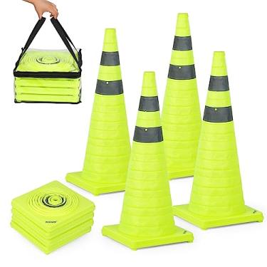 Imagem de BATTIFE [Pacote com 4] Cones de Trânsito Dobráveis de 28", Cones de Segurança Verde-Limão, Cones Pop-Up com Colar Refletivo, para Prática de Direção, Estacionamento Na Estrada (Verde)