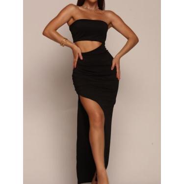 Imagem de Vestido Midi com Abertura na Lateral e Fenda. - Lunii, Preto, M
