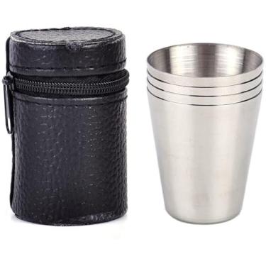 Imagem de Billion Deals Copos de shot de aço inoxidável, 4 peças, recipiente de 28,3 g, mini portátil, vinho, viagem, acampamento, caneca de bebida, xícara de café e cerveja com 1 estojo de couro preto