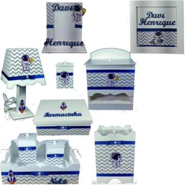 Imagem de Kit Higiene bebê Mdf 10 peças Astronauta Chevron Cinza - Flores para M
