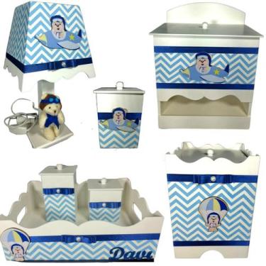 Imagem de Kit Higiene bebê Mdf menino 7 pçs - URSO AVIADOR CHEVRON AZUL BB - Flo
