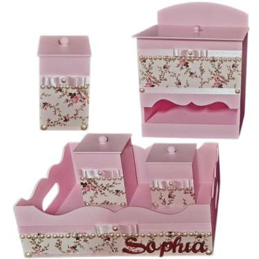Imagem de Kit de Higiene de bebê madeira Mdf Menina 5 pçs - ROSA E BRANCO FLORID