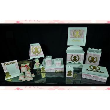 Imagem de Kit Higiene bebê Mdf 10 peças -  CHEVRON ROSA DE URSINHA - Flores para