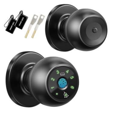 Imagem de Maçaneta de porta inteligente com impressão digital, fechadura biométrica com campainha, 4 formas de desbloqueio: impressão digital, cartão IC, senha e chave sobressalente, fechadura de porta de