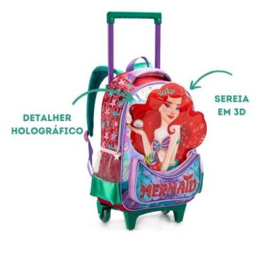 Imagem de Mochila Rodinhas Escolar Infantil Menina Sereia Denlex, Vermelho