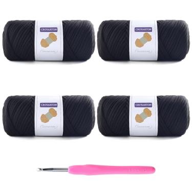 Imagem de Pacote com 4 fios de camisetas para crochê, camisetas elásticas, fios de tricô espaguete, comprimento total, 260 metros para cestas de saco de crochê, decoração de casa com 1 agulha de crochê (4 preto