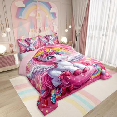 Imagem de Erosebridal Conjunto de edredom fofo de unicórnio, solteiro, rosa, kawaii, arco-íris, unicórnio, 2 peças, reversível, rosa, decoração de quarto feminino