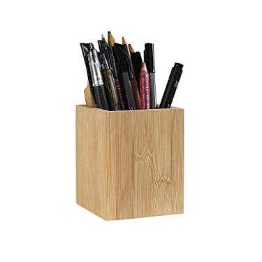 Imagem de Porta-lápis de mesa de madeira de bambu, multiuso, copo de lápis, organizador de mesa, 8 x 8 x 10 cm