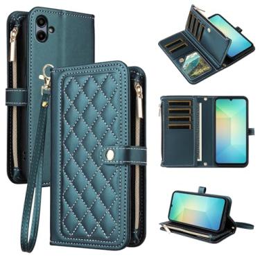 Imagem de Dswteny Capa carteira para Samsung Galaxy A06 5G com alça de pulso cordão flip zíper suporte suporte macio acessórios padrão Argyle capa de celular para Ao6 A 06 4G LTE mulheres meninas verde