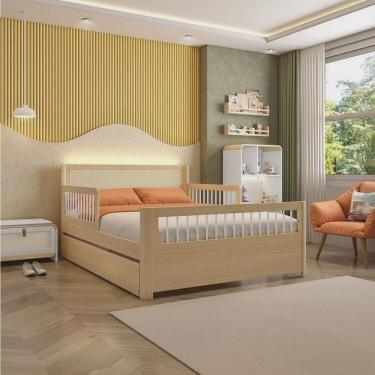 Imagem de Bicama Casal Wave Infantil Reversível em Led com Rattan e Grade de Proteção Palito Casatema