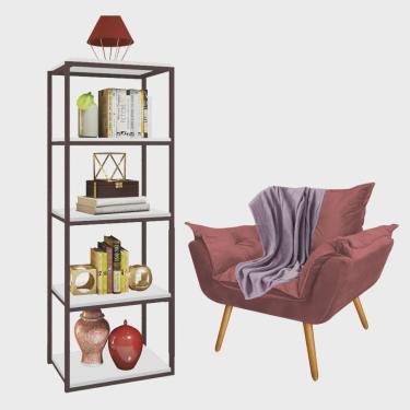 Imagem de Kit Poltrona Fatte com Manta Soft Lilás e Estante Livreiro Ferro Marrom mdf Branco Suede Rose Gold - Ahz Móveis