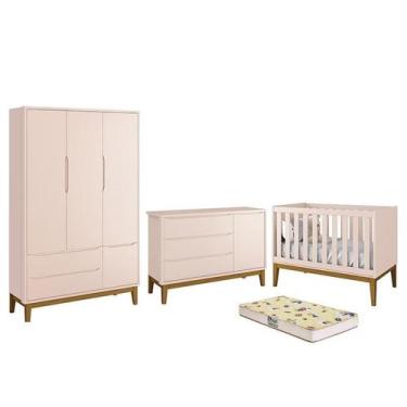 Imagem de Dormitório Infantil Classic 3 Portas, Cômoda 1 Porta, Berço Rosa com P