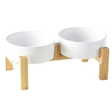 Imagem de Welloyed Conjunto de tigelas de cerâmica elevada para cães – Tigelas elevadas para cães com suporte de bambu antiderrapante, conjunto de tigelas de comida e água para gatos, cães de raças de brinquedo